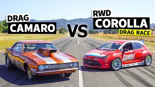 850hp Big Block V8 Camaro drag races 900hp Pro Drift Corolla [upl. by Benco289]