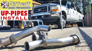 2001 F350 73  RiffRaff UpPipes Install  Stock up pipes leaking and falling apart JUNK SP [upl. by Srevart43]